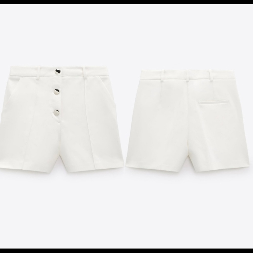 Zara Cream High Waist Gold Buttoned Front White Bermuda Shorts - S 1478036251 - Picture 4 of 5